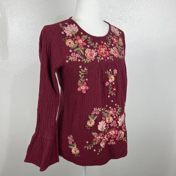 Andree by Unit Boho Blouse Women Small Maroon Floral Embroidered Long Sleeve Top - Picture 4 of 14